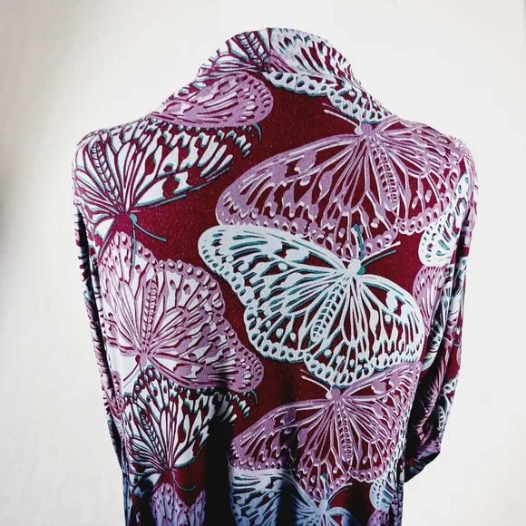 One World, Large, Butterfly Print Wrap, Ruched Sleeves, Blue/Purple/Maroon, Boho - Picture 9 of 16
